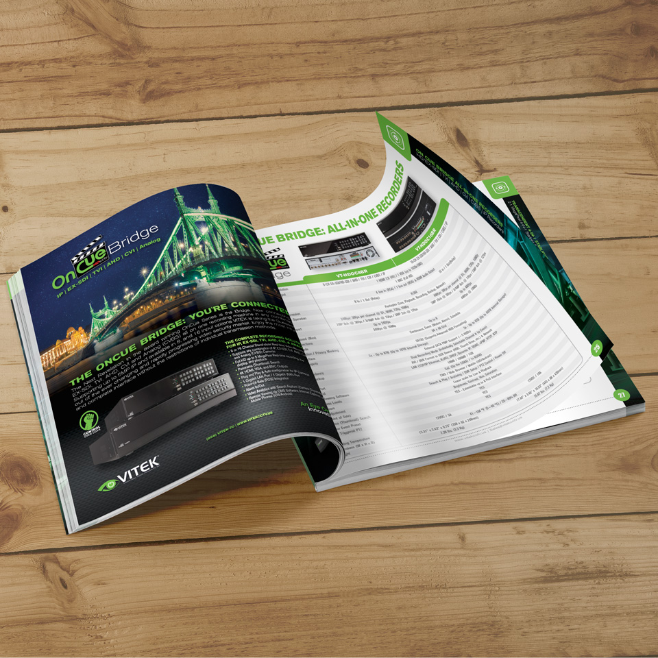 Open VITEK catalog showing an OnCue product spread