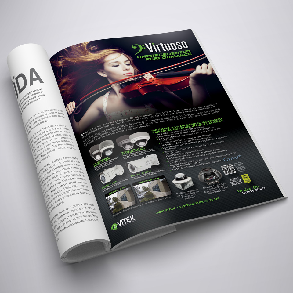 Virtuoso performance-themed advertisement shown in a magazine mockup